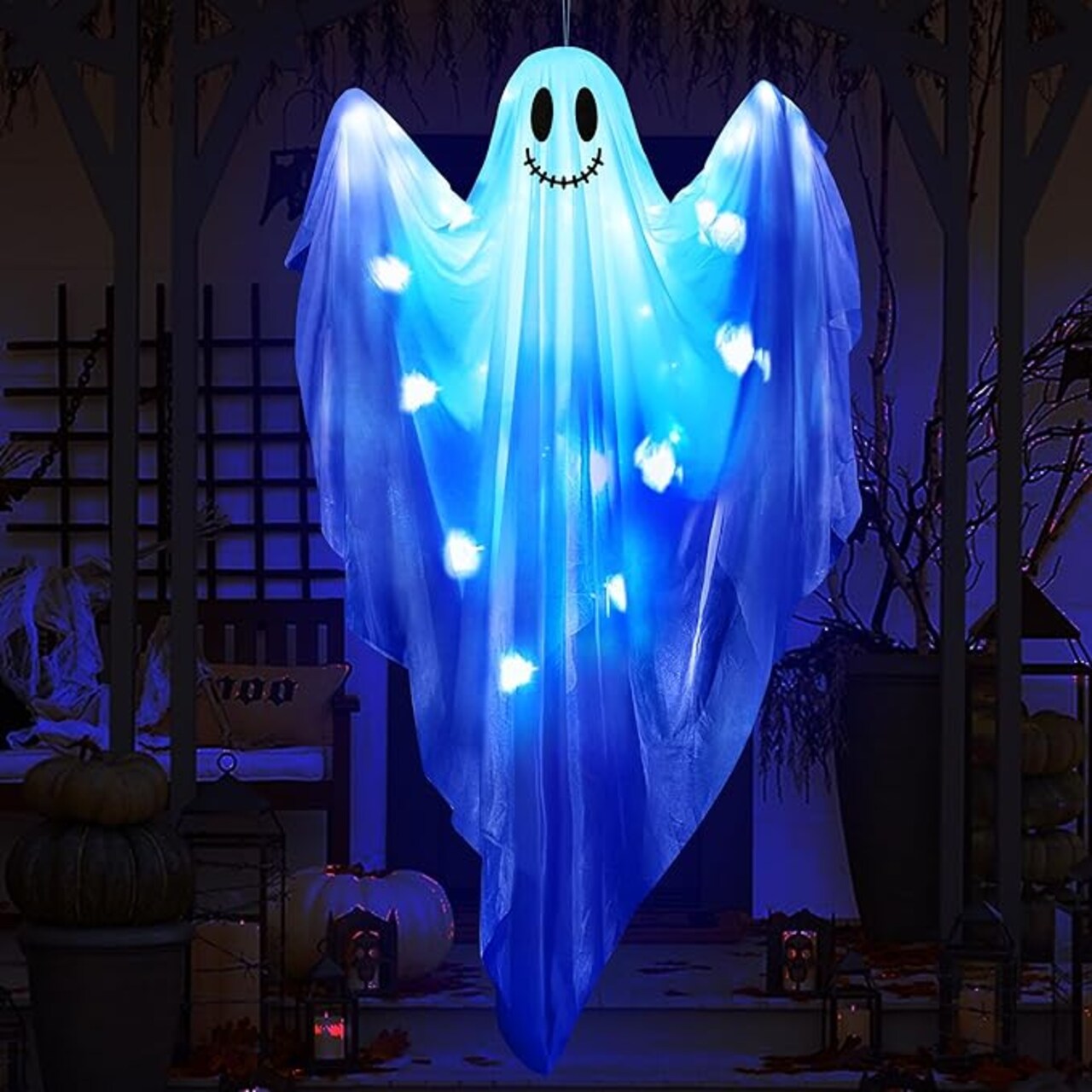 Hanging Ghost Decor - 47" Light Up Hanging Ghost with Blue LED Light, Halloween Ghost for Haunted House Prop Spooky Yard Lawn Porch Door Party Decor Supplies